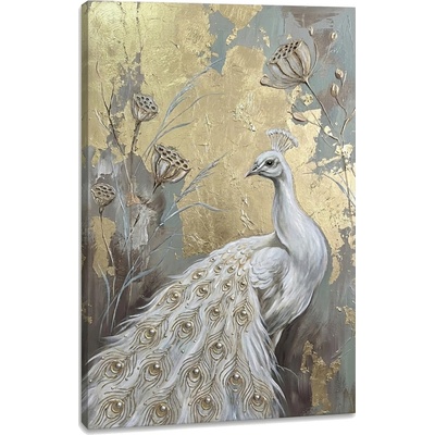 Obraz bieleho páva na plátne – s ručne maľovanými detailmi - 60x90 cm
