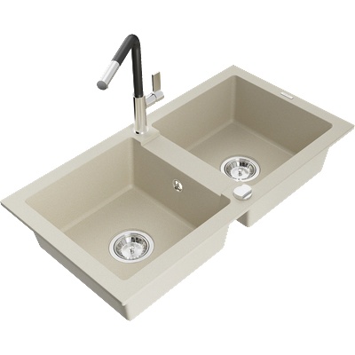 Mexen Mario гранитна мивка с 2 отделения и кухненски смесител Flora, бежов - 6504-69-670401-07 (6504-69-670401-07)