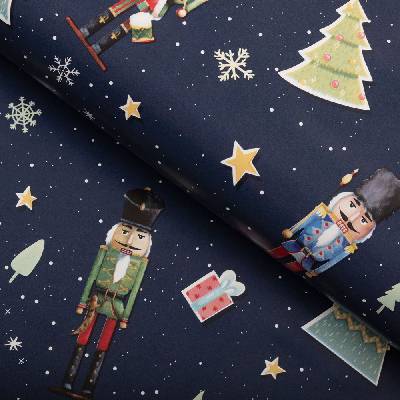 Vianočný PVC obrus Vianočný Luskáčik na tmavo modrom PV-198 - metráž š. 140 cm