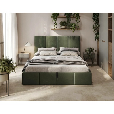 ComfortMatrace Valencia čalouněná postel se zvedacím roštem a úložným prostorem, barva khaki, výška čela u hlavy 88 cm