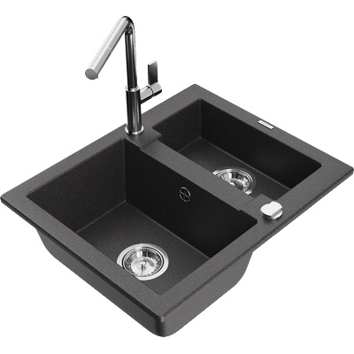 Mexen Carlos гранитна мивка 1, 5-корпусова с кухненски смесител Flora, черна на пръски - 6518-76-670401-00 (6518-76-670401-00)