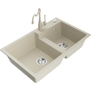 Mexen Tomas гранитна мивка с две отделения с кухненски смесител Carla, бежов (6516-69-670700-69)