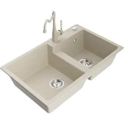 Mexen Tomas гранитна мивка с две отделения с кухненски смесител Carla, бежов (6516-69-670700-69)