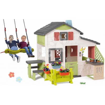 Smoby Set domček Priateľov s predzáhradkou a závesná hojdačka Friends House Life pre dve deti výškovo nastaviteľná a letná kuchynka