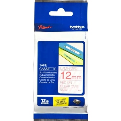 Páska do štítkovače Brother TZe-132, 12mm, červený tisk/průsvitný podklad, originál
