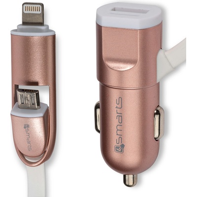 4smarts Зарядно за кола с кабел за microUSB и Lightning стандарти за мобилни устройства - 4Smarts MultiCord Car Charger (розово злато) (205965)