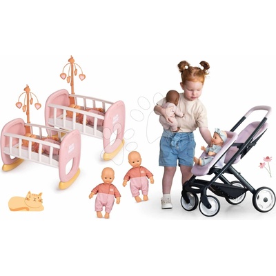 Smoby Set pre dvojičky bábiky v izbe Twin Pushchair Pink Maxi Cosi&Quinny a kolísky s kolotočom