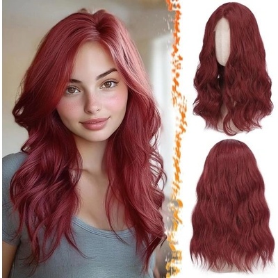 Barsdar vlnitá červená paruka, středně dlouhá červená paruka pro ženy Střední pěšinka Přírodní – Zboží Mobilmania