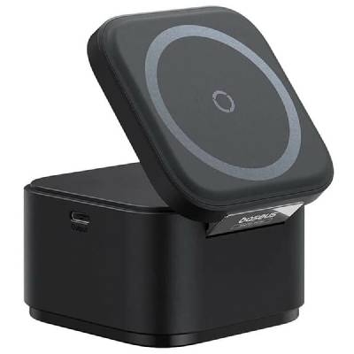 Безжично зарядно Baseus 2in1 MagPro (P10264100123-00), от USB-C(м) към безжично зареждане, 9V/3A, черно, 20W, прибиращ се кабел, MagSafe (P10264100123-00)