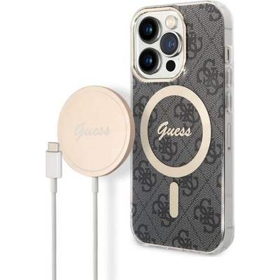 GUESS 4G Printed Stripe MagSafe Case With MagSafe Wireless Charger Set - комплект хибриден удароустойчив кейс с MagSafe и поставка (пад) за безжично зареждане за iPhone 14 Pro (черен)
