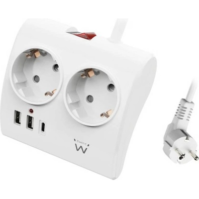 Ewent EW3870 настолен разклонител с 2 контакта и 3 USB порта (USB-A и USB-C PD 20W), детска защита и защита от претоварване (EW3870)