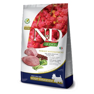 Farmina N&D Quinoa Dog Weight Management Lamb Adult Mini - Пълноценна суха храна за израснали кучета от малки и дребни породи, с наднормено или с тенденция за натрупване на тегло , с агнешко месо, 800 гр