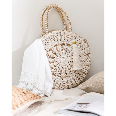 Plážová guľatá taška z morskej trávy s čipkou Beach Bag Lace Ø 40*7cm J-Line by Jolipa