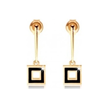 Šperky eshop náušnice zo žltého zlata úzka palička s obrysom štvorca čierna glazúra GG86.29