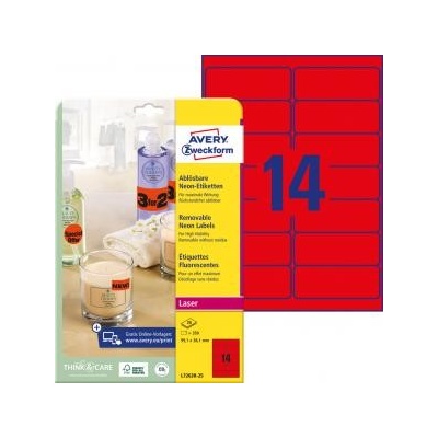 Etikety Avery odnímateľné 99,1x38,1 mm neónové červené
