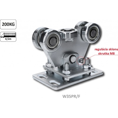 Vozík pro C-profil 70x70x4mm výškově nastavitelný s regulací sklonu, 5x ocelové kolečko s ložiskem 6204ZZ, galvanické zinkování