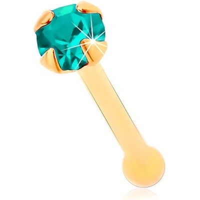 Šperky eshop zlatý piercing do nosu rovný blýskavý zirkonek akvamarínové barvy GG176.03