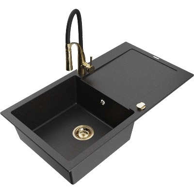 Mexen Leo гранитна мивка с 1 отделение, отцедник и кухненски смесител Aster, черен/сребрист металик - 6501-73-73450-57-G (6501-73-73450-57-G)