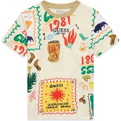 GUESS Oversize бежова тениска за момче с цветни щампи и надписи Guess