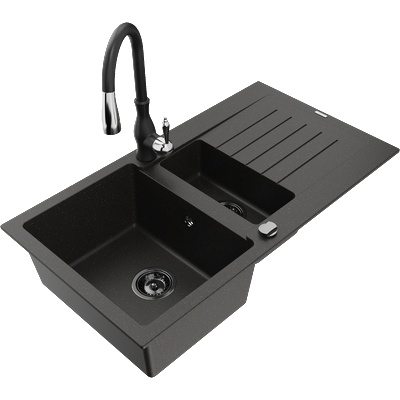 Mexen Matias гранитна мивка 1, 5-камерна с отцедник и кухненски смесител Savita, черно/златно - 6502-75-672601-70-B (6502-75-672601-70-B)