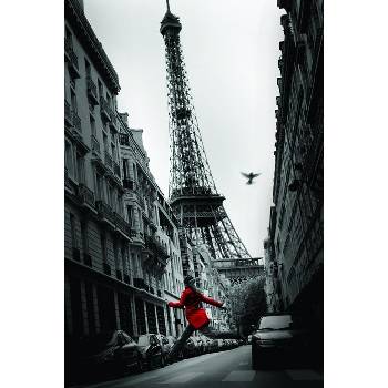 Plagát - Paríž, Eiffelova veža a dievča v červenom