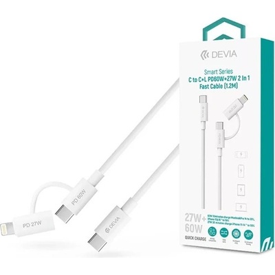 DEVIA ST121485 Smart Series 1, 2 м 60 W + 27 W PD Type-C/Type-C + Lightning бял кабел за данни и зареждане (ST121485)
