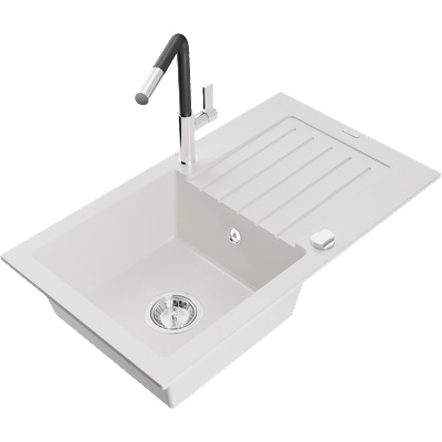 Mexen Pablo еднокоморна гранитна мивка с отцедник и кухненски смесител Flora, бял - 6510-20-670401-07 (6510-20-670401-07)