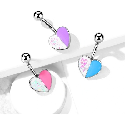 Šperky eshop ocelový piercing do pupíku ve stříbrné barvě barevné srdce s odlesky AB02.07 Aqua modrá