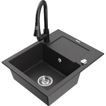 Mexen Enzo гранитна мивка с 1 отделение с отцедник и кухненски смесител Elia, черно на петна - 6506-76-670101-70 (6506-76-670101-70)