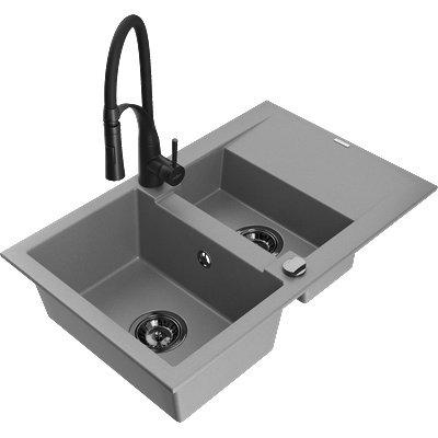 Mexen Gaspar гранитна мивка 1, 5-камерна с отцедник и кухненски смесител Aster, сив - 6507-71-73450-70-B (6507-71-73450-70-B)