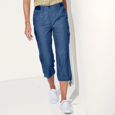 3/4 denimové nohavice s úpletový pásom denim