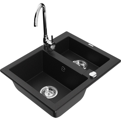 Mexen Carlos гранитна мивка 1, 5-коморна с кухненски смесител Telma, черен - 6518-77-670200-00 (6518-77-670200-00)