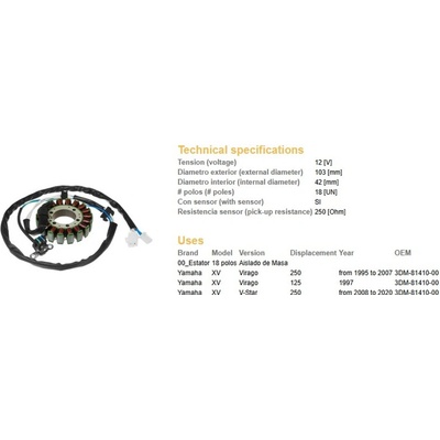 DZE stator (vinutí) alternátoru YAMAHA XV 125 VIRAGO 97; XV 250 VIRAGO 95-07 (3DM-81410-00)