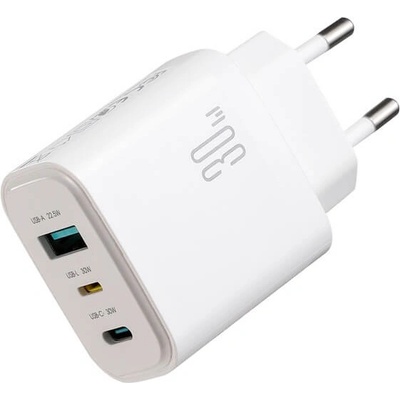 JOYROOM Захранване за ел. мрежа за мобилни устройства с USB-A, USB-C и Lightning изходи с технология за бързо зареждане - Joyroom JR-TG6 GaN 3-Port USB-C Lightning USB-A Wall Charger 30W (бял) (JR-TO1)
