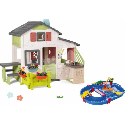 Smoby Set domček Priateľov s predzáhradkou a vodná dráha Start Set Friends House Life rozšíriteľný s loďkou žeriavom a letná kuchynka