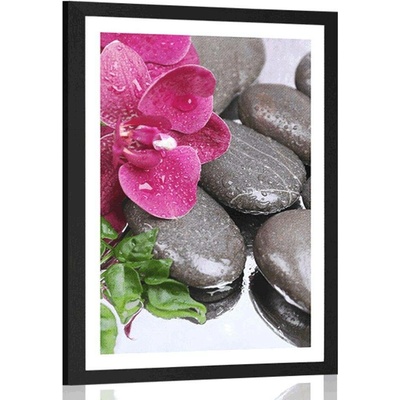 Plakát s paspartou kvetoucí orchidej a wellness kameny - 40x60 silver