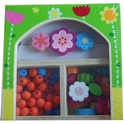 Bigjigs toys Dřevěné navlékací korále v krabičce - malé - Kytičky