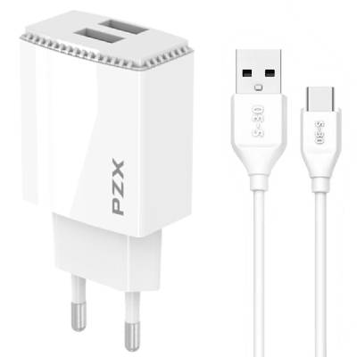 Зарядно устройство PZX P22, от контакт към 2x USB Type-A(ж), 5V, 3.1A, бяло, с включен USB C кабел (P22)
