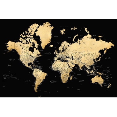 Plagát, Obraz - Blursbyai - mapa sveta - čierno-zlatá, 120 × 80 cm