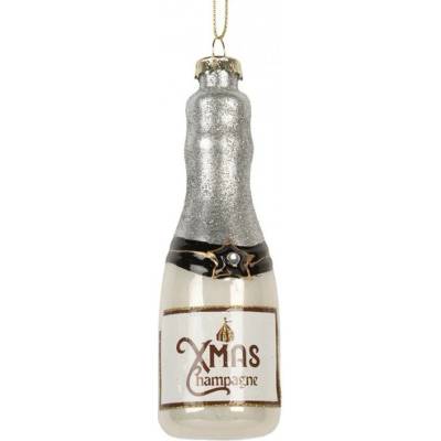 Stříbrná skleněná vánoční ozdoba láhev šampaňského Xmas Champagne 4x13 cm