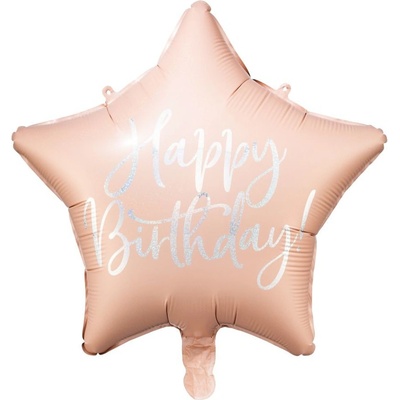 PartyDeco Fóliový balón hvězda Happy Birthday pudrově růžový 40 cm