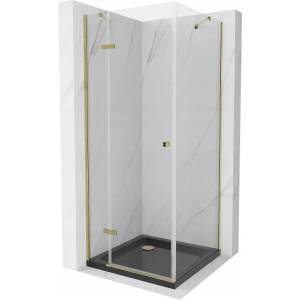 Mexen Roma отваряема душ кабина 90 x 90 см, прозрачна, злато + плосък душ под, (854-090-090-50-00-4070G)