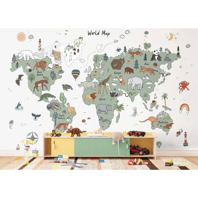 AG Design FTD5P-352451 Dětská fototapeta Zelenošedá Kreslená Mapa Se Zvířaty, rozměry 375 x 270 cm