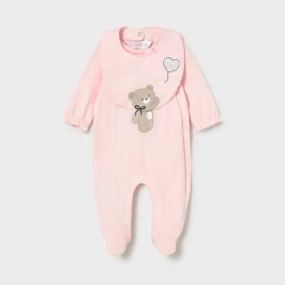 Mayoral Комплект гащеризон дълъг и лигавник в цвят розово за новородено момиче с мече Mayoral