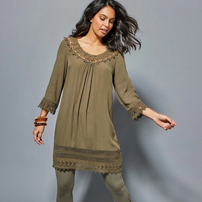 Blancheporte Krepónová tunika s 3/4 rukávmi a macramé khaki