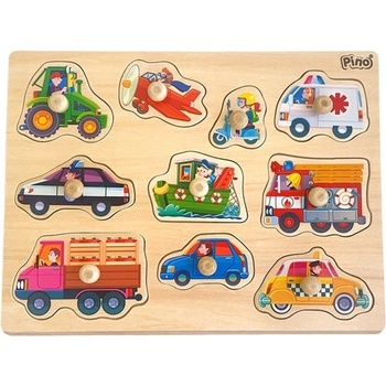 Pino Toys Детски дървен пъзел Pino - Превозни средства, с дръжки, 10 части (4312T-2)