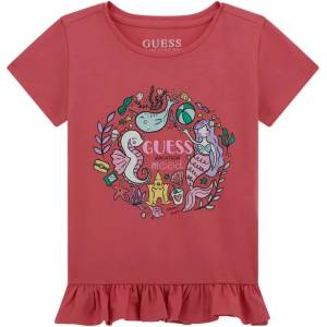 GUESS Коралова тениска за мини момиче с цветни апликации и къдрички Guess