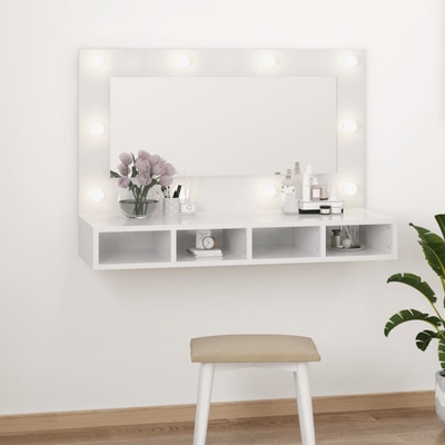 vidaXL Огледален шкаф с LED, бял гланц, 90x31, 5x62 см (808897)