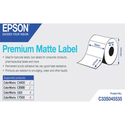 Epson C33S045535 Preмiuм Matte, за ColorWorks, 76x127мм, 265 бр, бели самозалепващи етикети (C33S045535)