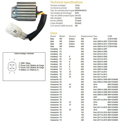 DZE regulátor napětí KTM EXC 125/200/250/300/400/525/530 98-13; XC-W 250/450/525 07-08; HUSQVARNA TE/TX/FE/FC/FS 125/250/300/450/500/550/650 04-19; BETA 250/400/450/498 05-12 (80011034000) (12V/12A) (